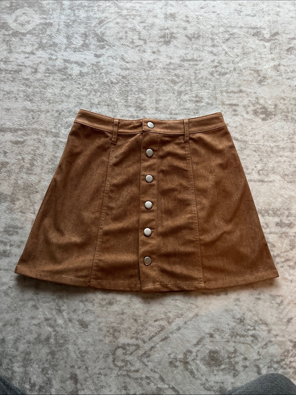 Suede Button-Front A-Line Skirt in Brown